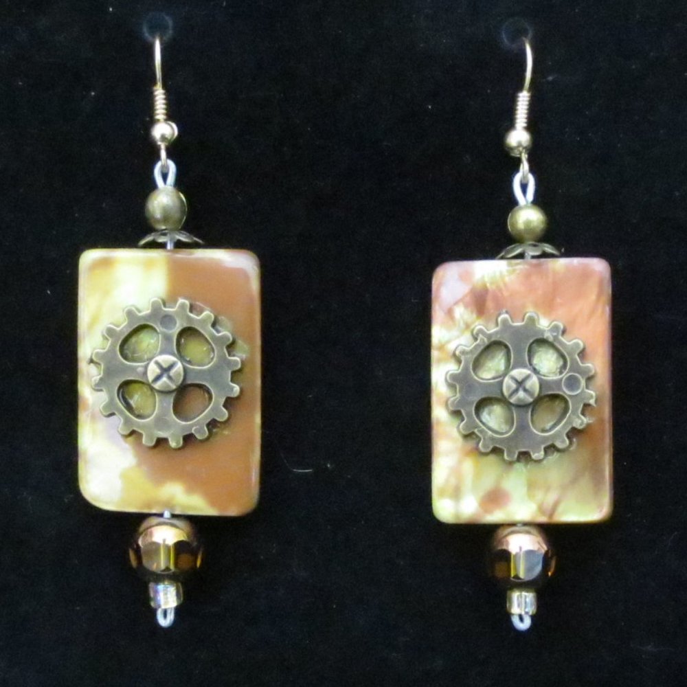 Handcrafted Earrings Steampunk Gold Brass Gear Lightweight Dangle Statement